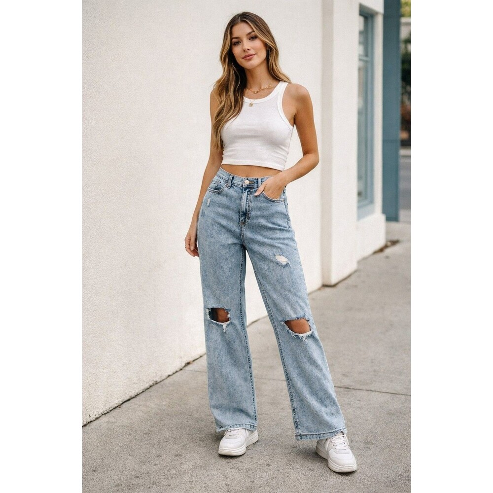 Altar’d State Jeans 7/28 High Rise Distressed Wide Leg Light Wash Denim Trendy